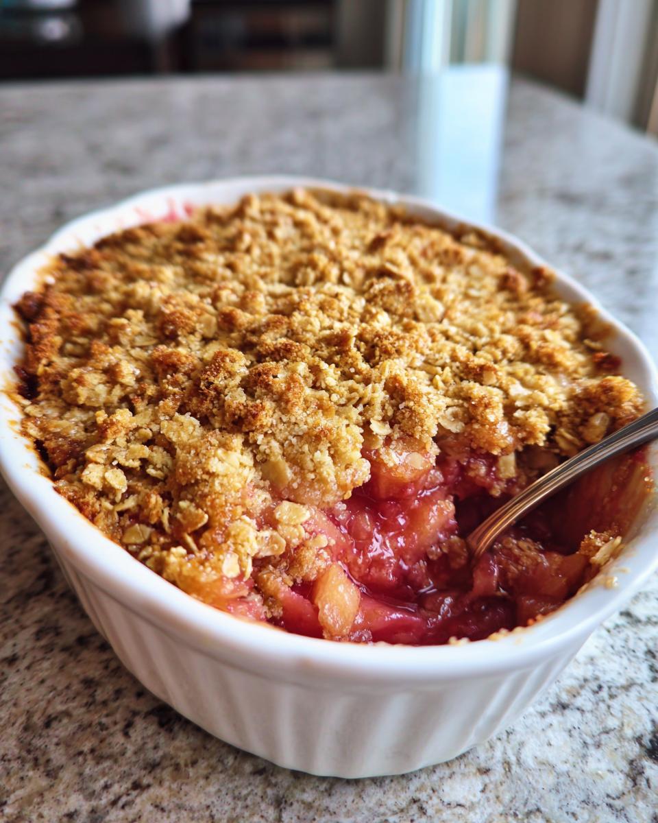 A spoonful being taken out of a warm rhubarb crisp, showing the bubbly fruit filling and crunchy oat topping.