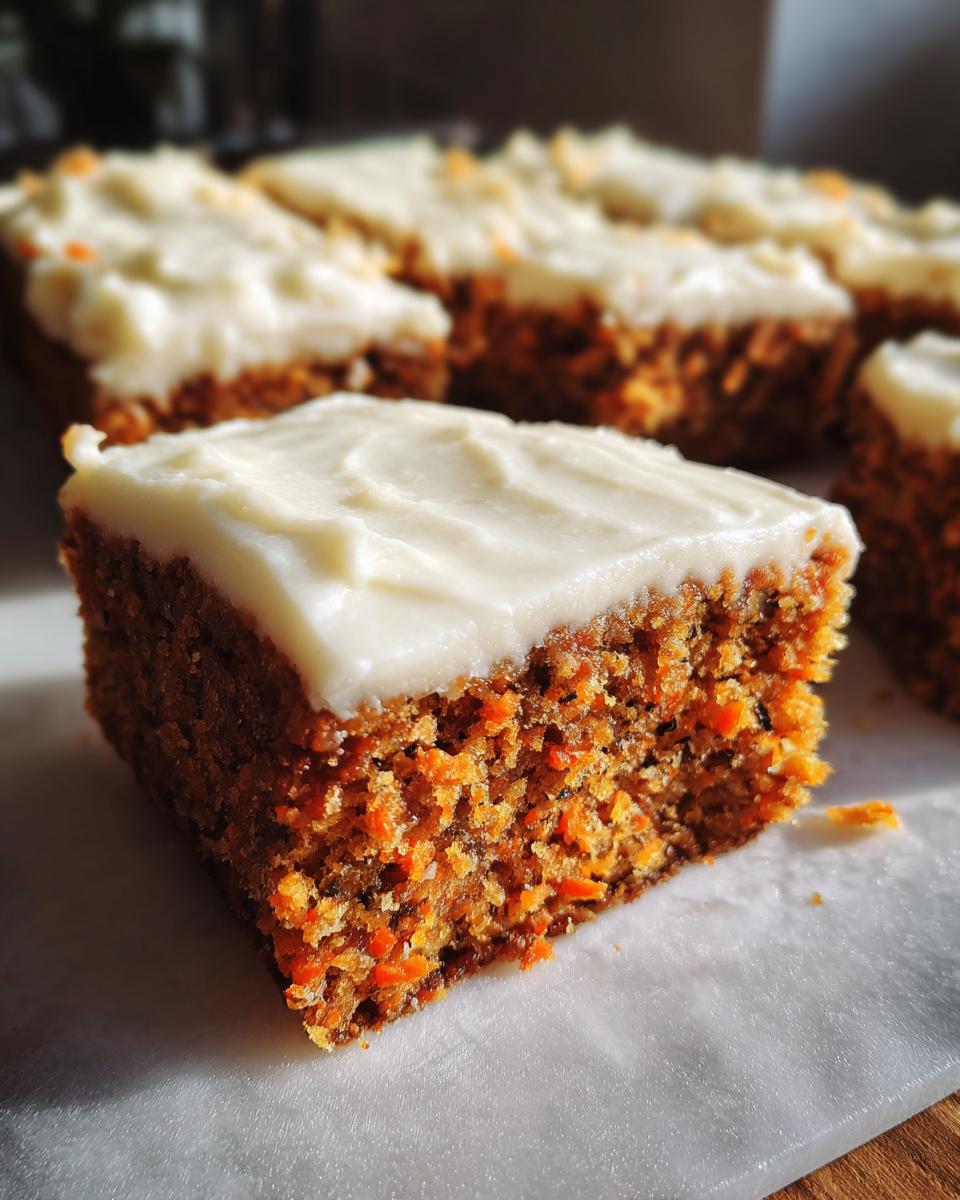 A close-up, brightly lit shot of a single square of moist carrot cake bars topped with thick cream cheese frosting.