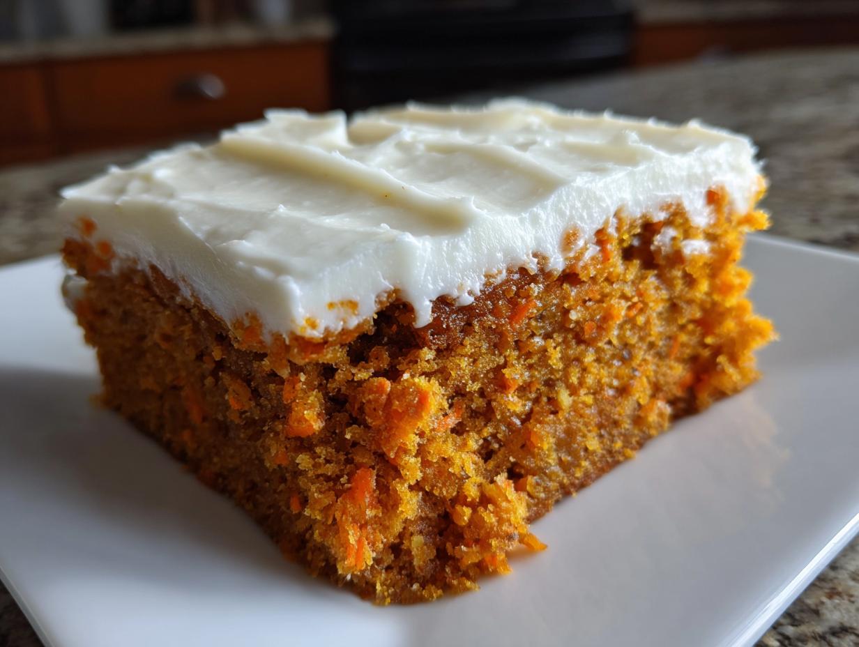 A square slice of moist carrot cake bars topped with thick, creamy white frosting, served on a white plate.