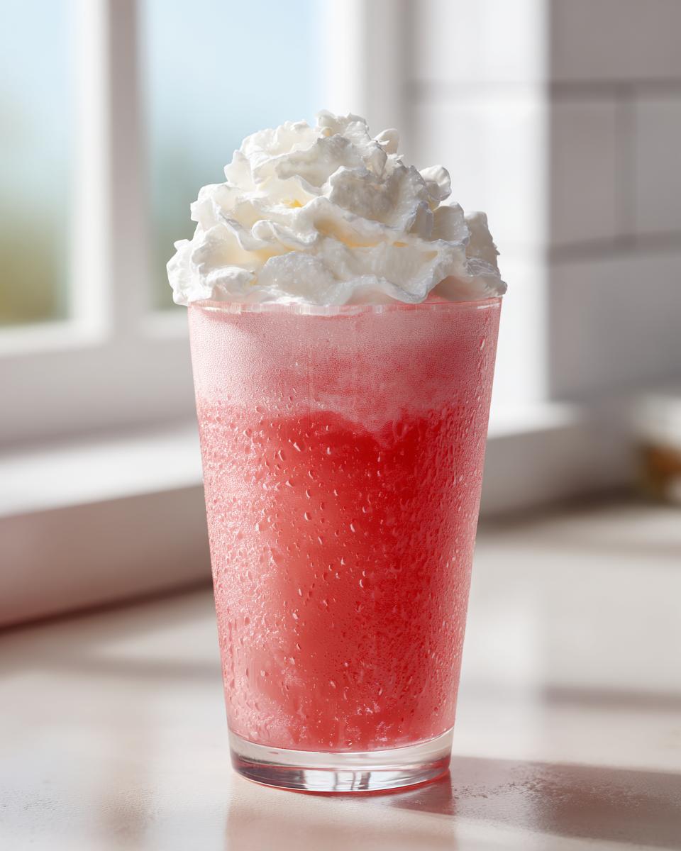 A tall, frosty glass of bright pink lemonade topped with a generous swirl of whipped cream.
