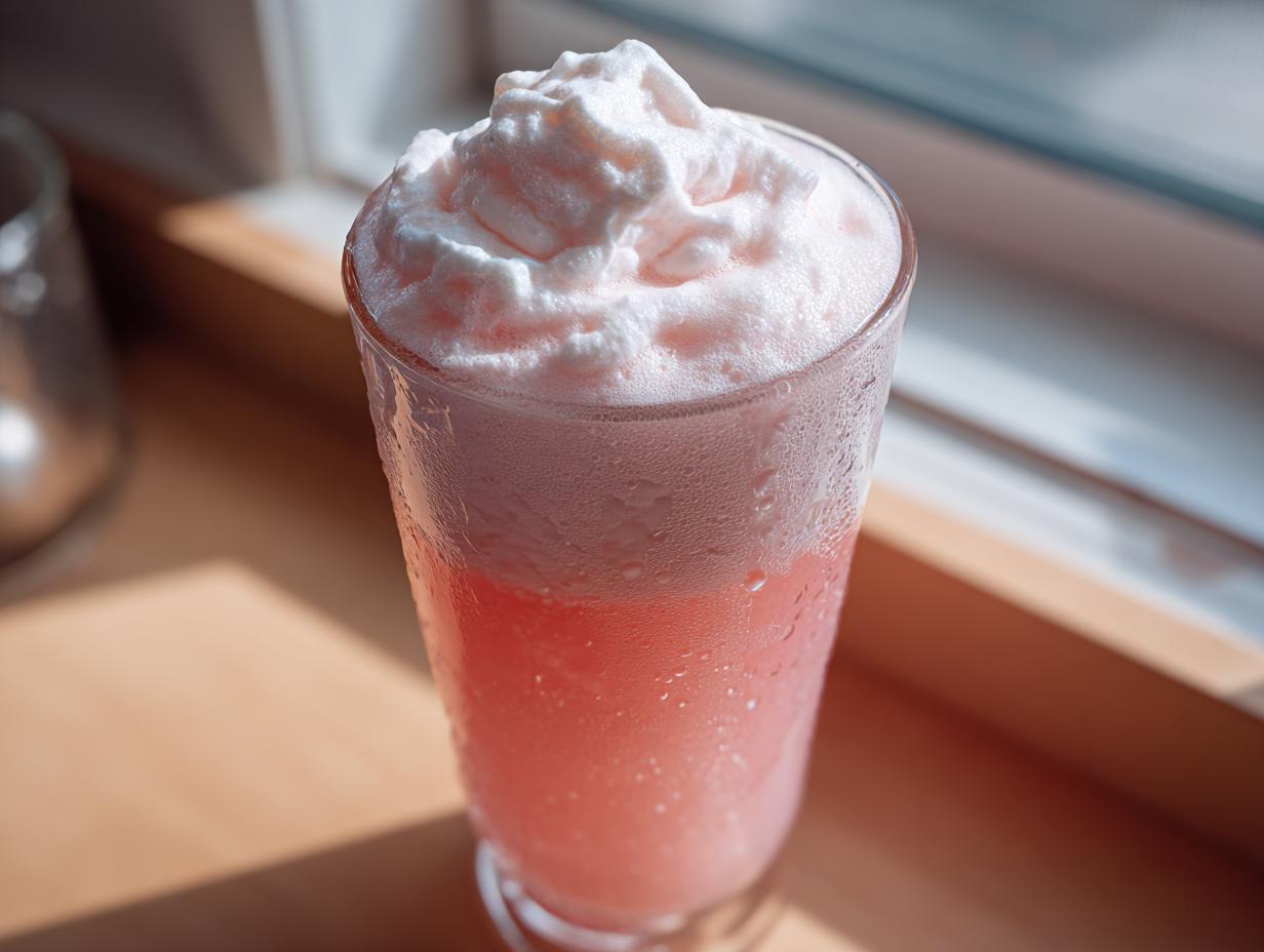 A tall, sweating glass filled with vibrant pink lemonade topped with a mound of pink foam or whipped topping.