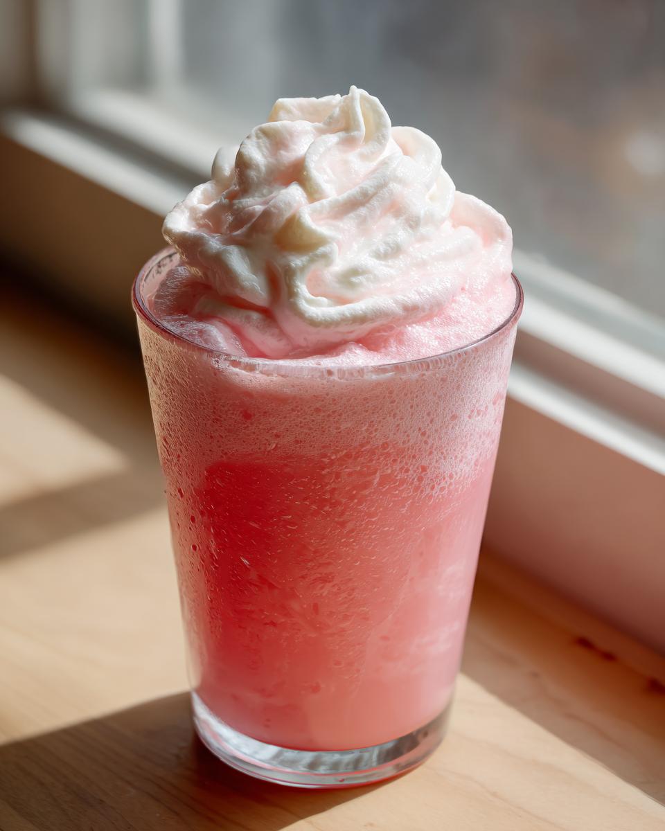 A tall glass of bright pink lemonade topped generously with pink-tinted whipped cream, sitting by a window.