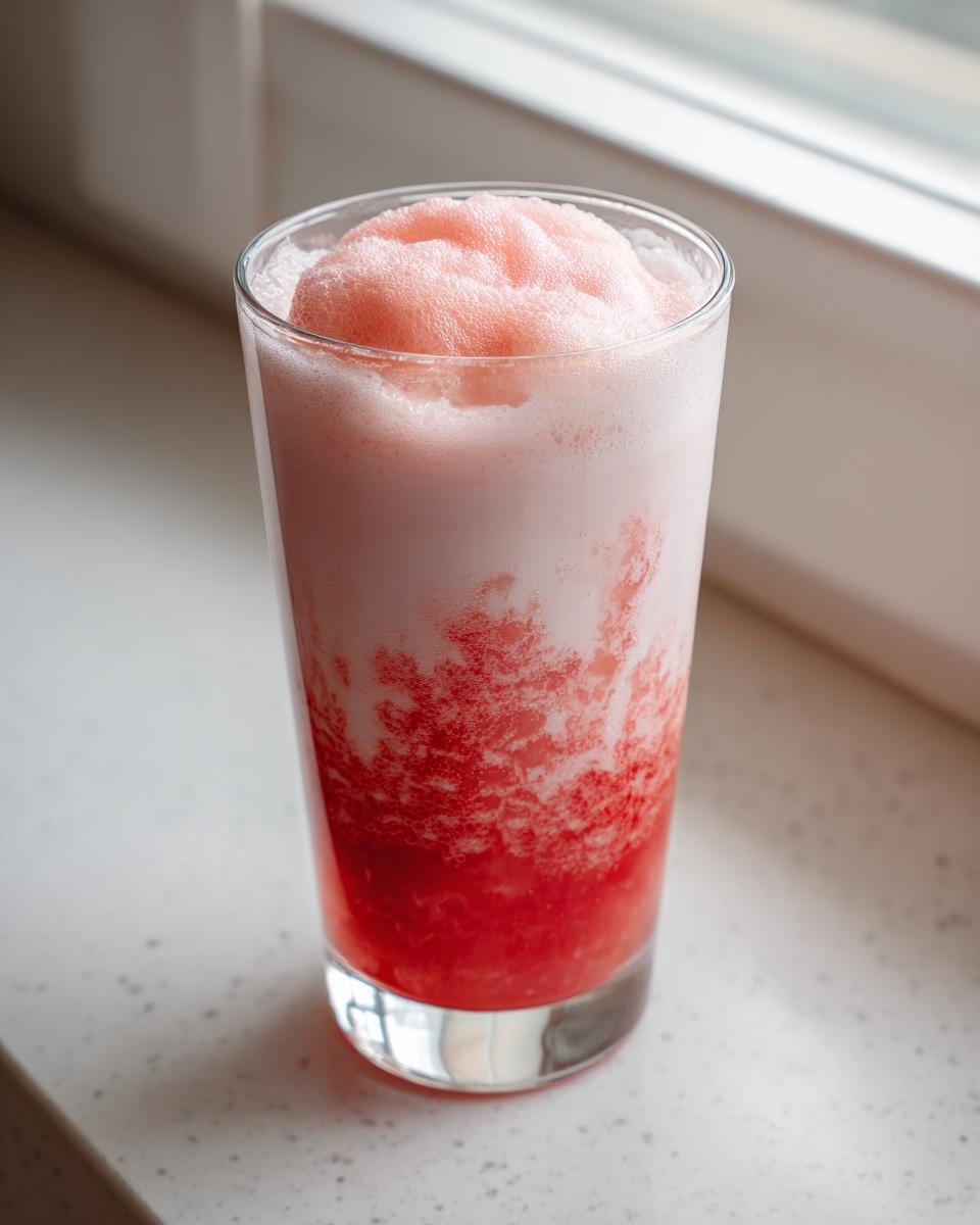 Tall glass of layered strawberry milk showing bright red syrup at the bottom and a thick pink foam layer on top.