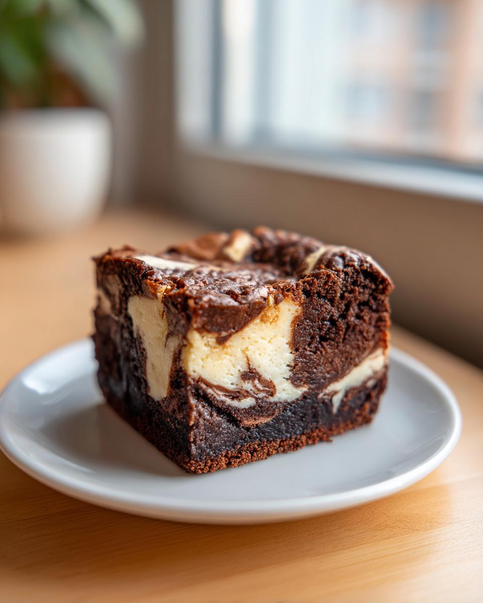 A single, fudgy slice of cream cheese brownies with chocolate swirls served on a small white plate.