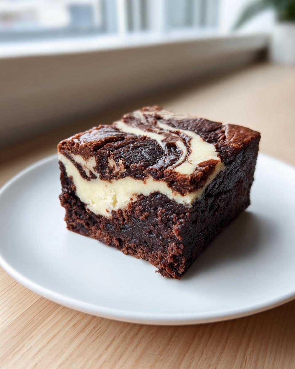 A single, fudgy slice of cream cheese brownies featuring a rich chocolate base and a white cream cheese swirl topping.