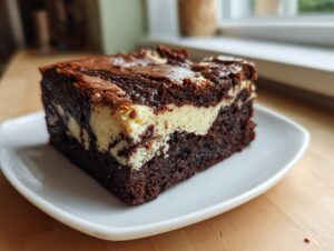 A close-up of a fudgy slice of cream cheese brownies with a marbled cream cheese swirl on a white plate.
