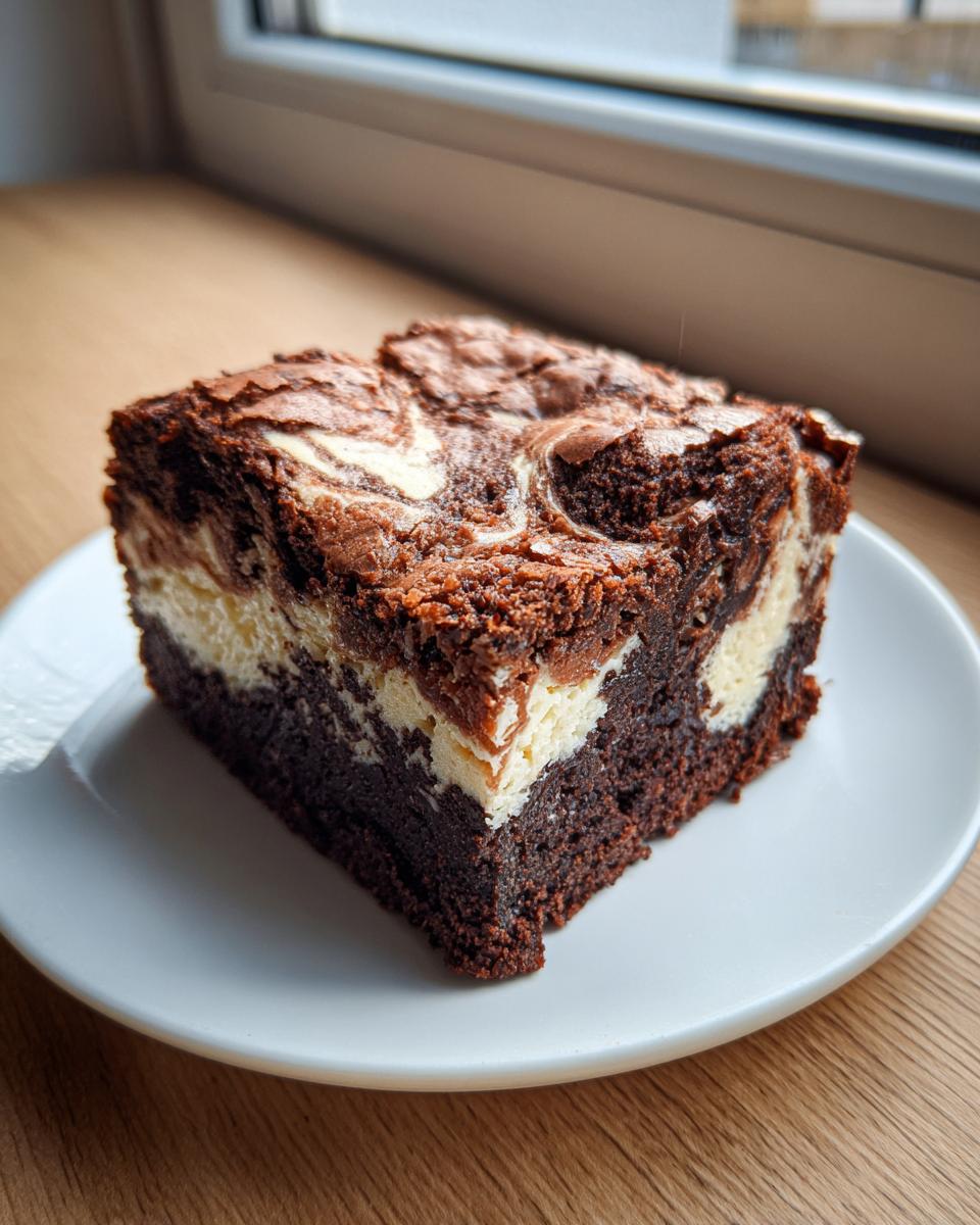A single, fudgy square of cream cheese brownies with a marbled top, served on a small white plate.