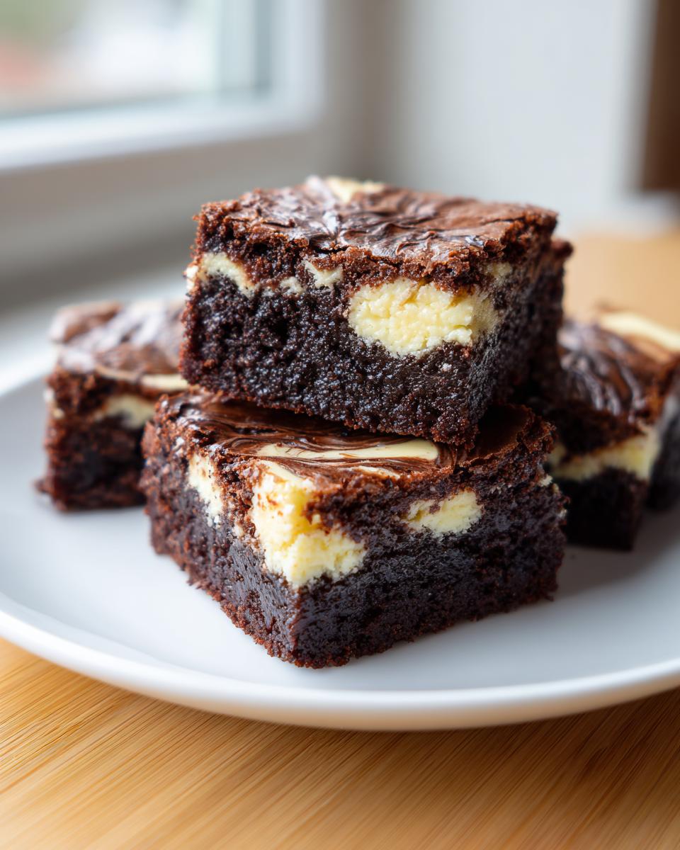 Close-up of fudgy cream cheese brownies stacked, showing the dark chocolate base and white cream cheese swirl.