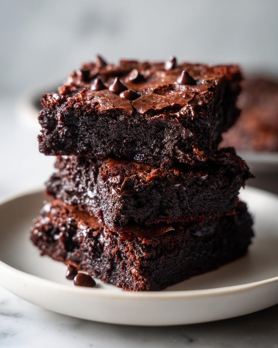 A stack of three fudgy date brownies topped with chocolate chips resting on a white plate.