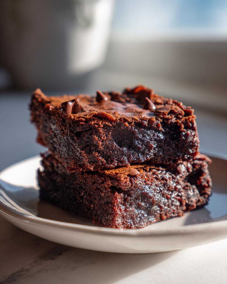 Two fudgy date brownies stacked on a white plate, topped with melted chocolate chips.