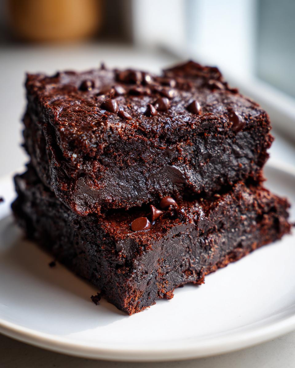 Two stacked, incredibly fudgy date brownies topped with mini chocolate chips on a white plate.