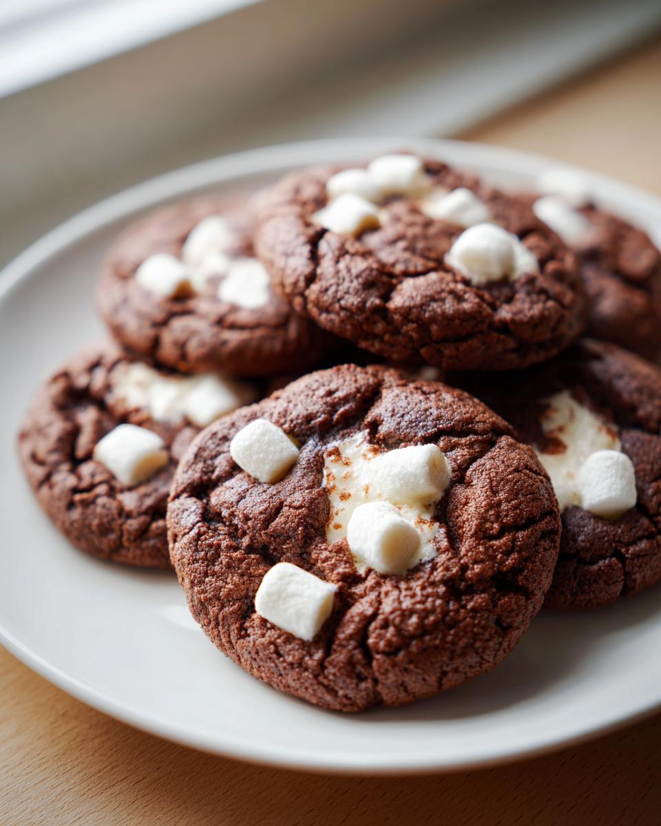 A stack of rich, dark chocolate hot chocolate cookies topped with melted mini marshmallows on a white plate.