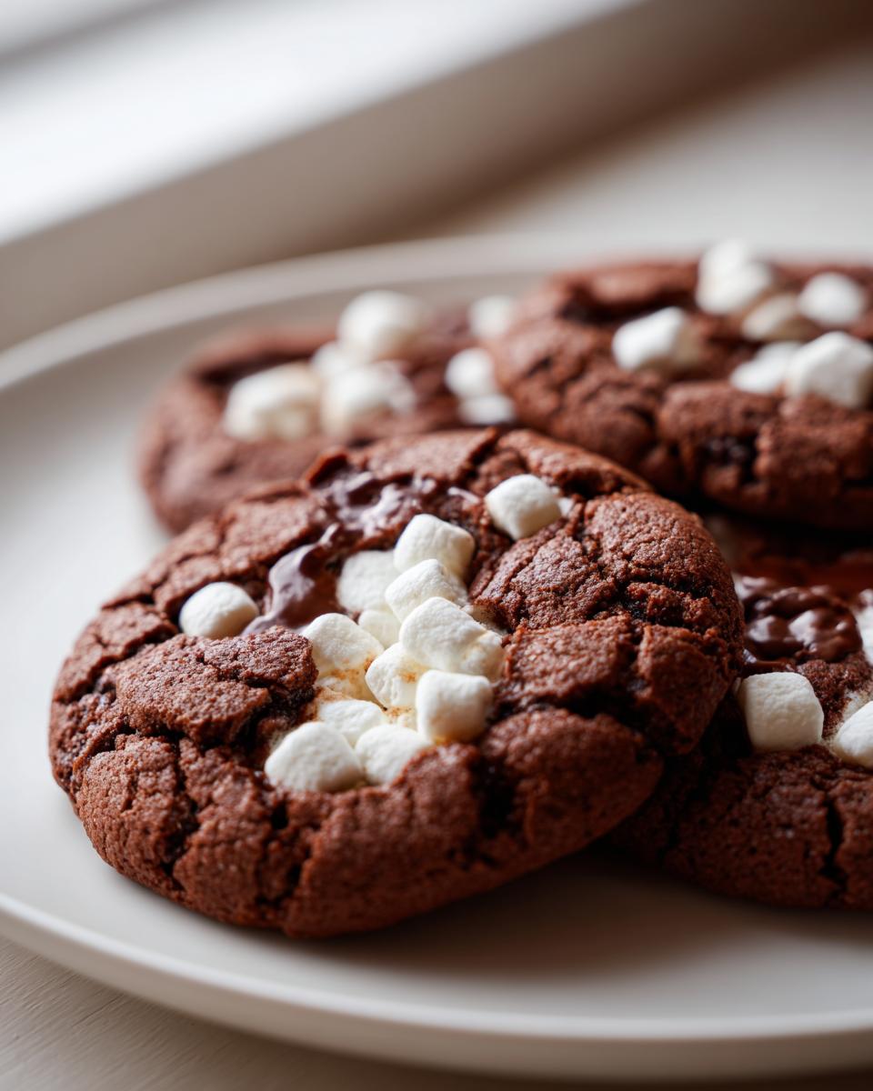 A close-up of fudgy, dark chocolate hot chocolate cookies topped with melted chocolate and mini marshmallows.