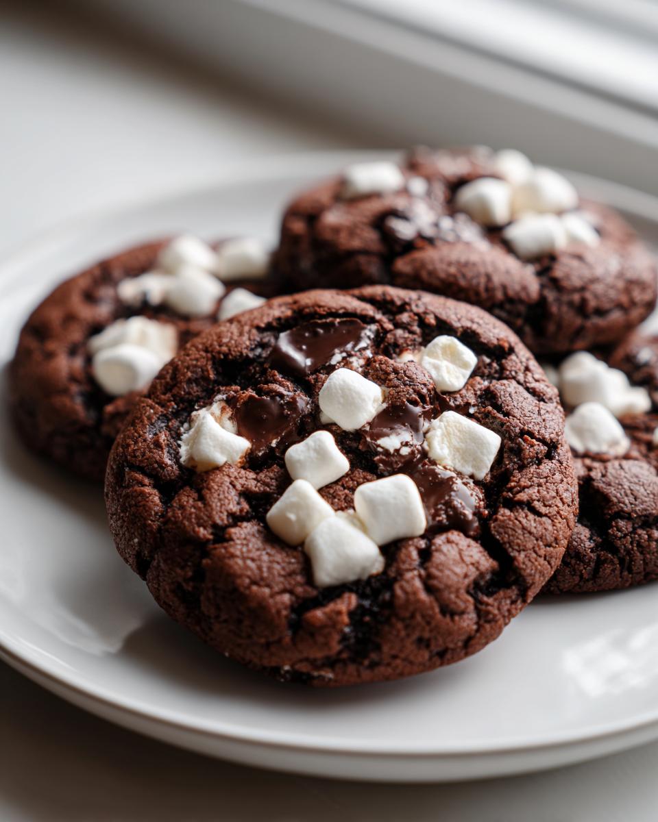 Close-up of fudgy hot chocolate cookies topped with melted chocolate chips and mini marshmallows.