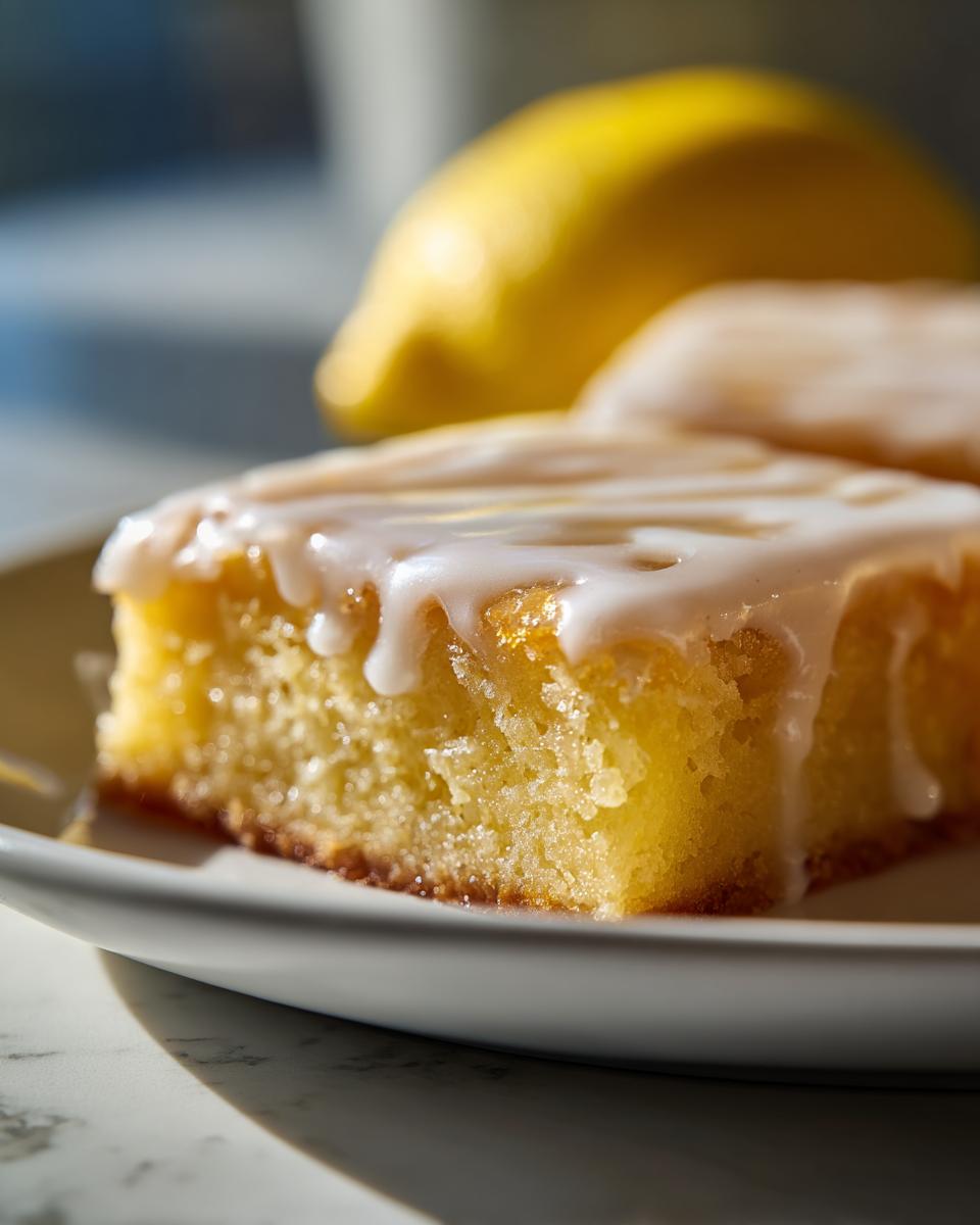 A close-up shot of a square lemon brownies slice topped with thick white glaze, with a whole lemon blurred in the background.