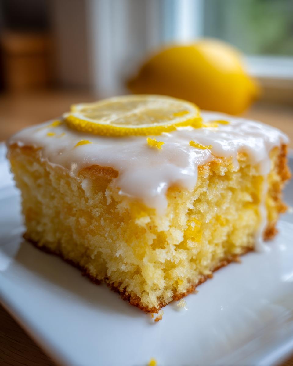 Close-up of a bright yellow lemon brownies square topped with white glaze, lemon zest, and a thin lemon slice.