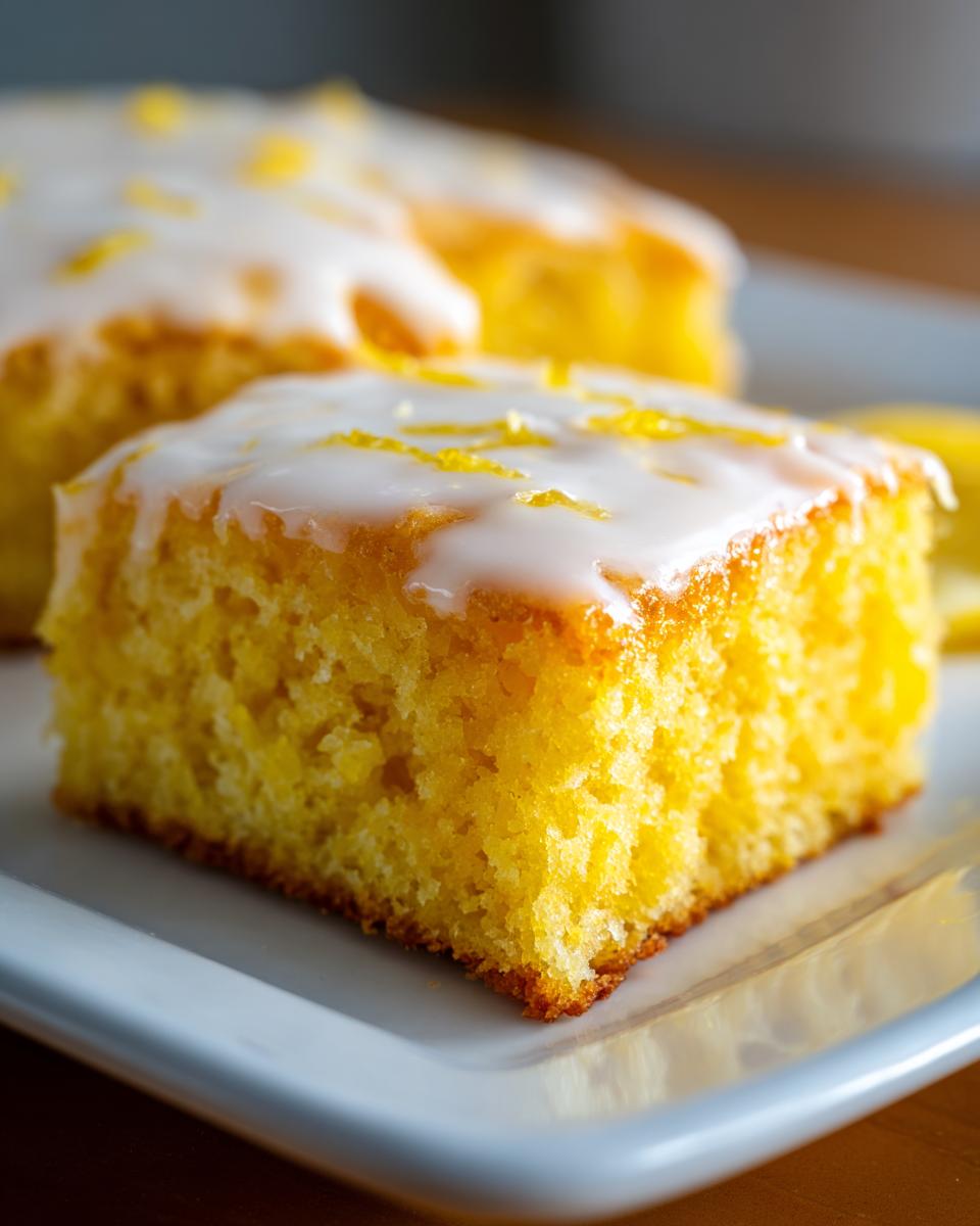 A close-up of a square, bright yellow lemon brownies slice topped with white glaze and lemon zest.