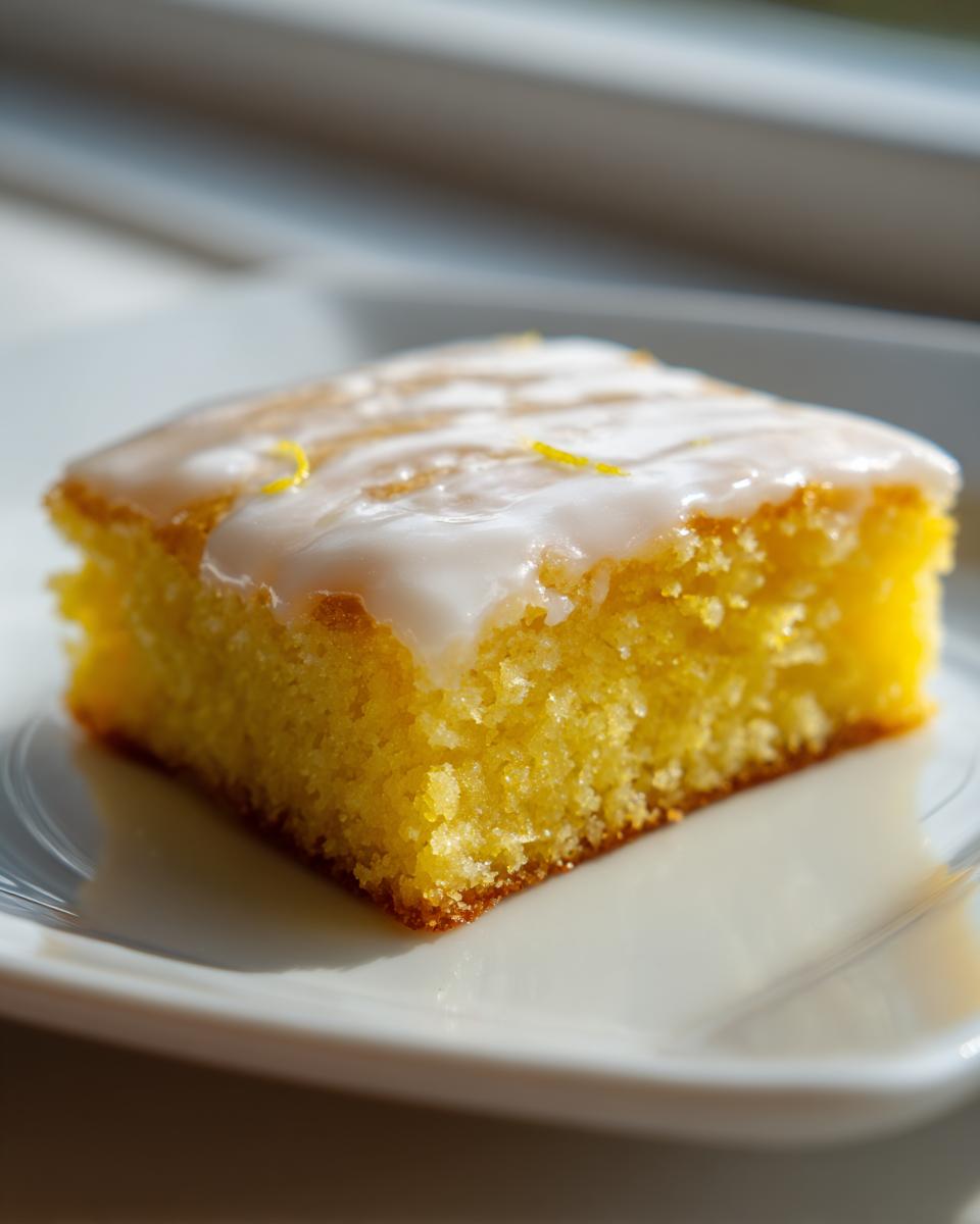 A square piece of bright yellow lemon brownies topped with white glaze and lemon zest.