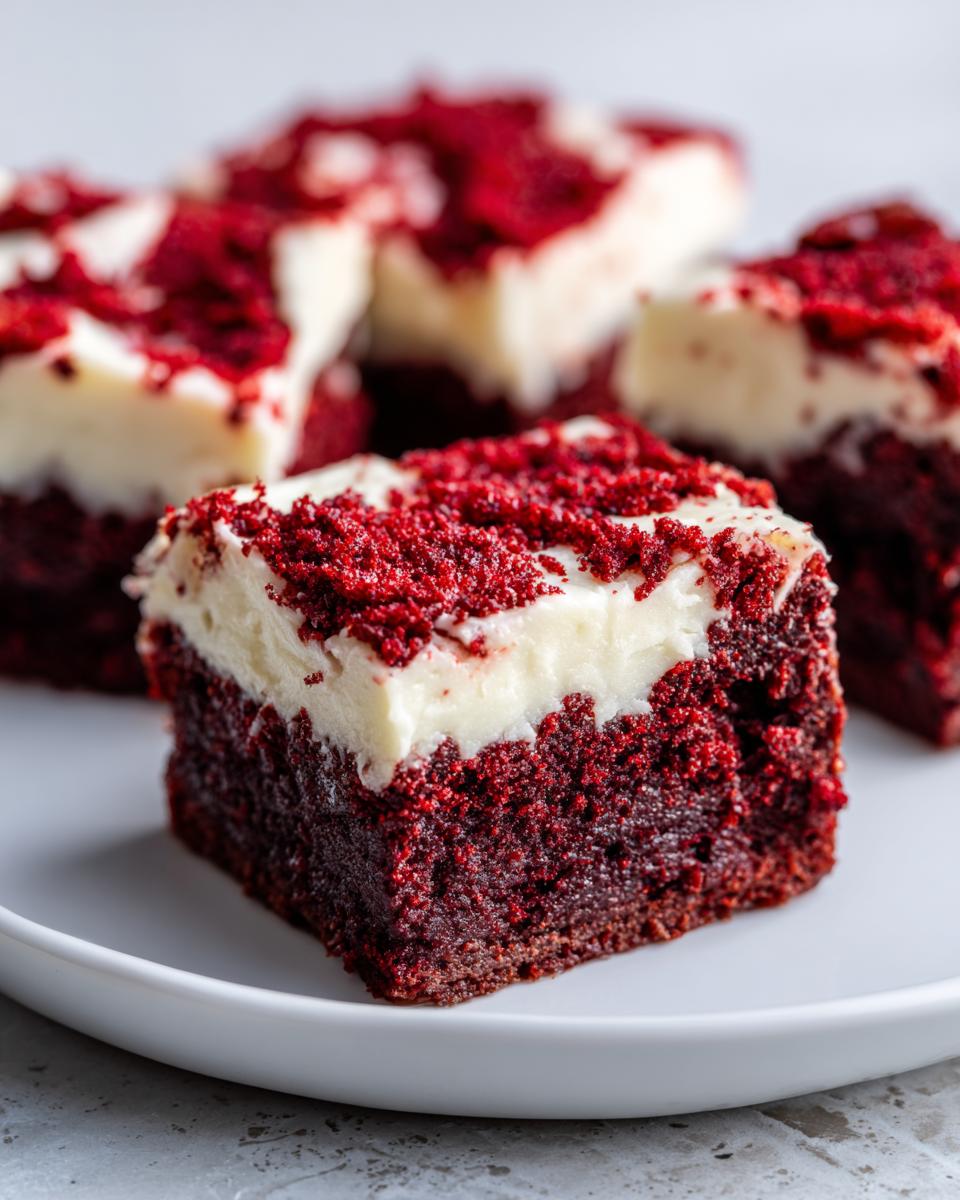 Close-up of a fudgy red velvet brownies square topped with cream cheese frosting and red crumbs.