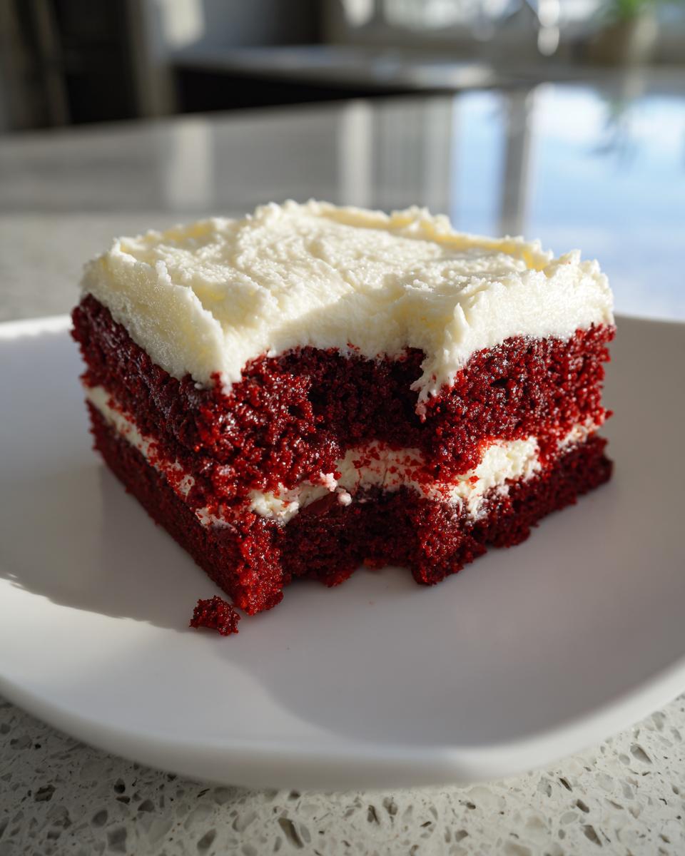 A square slice of fudgy red velvet brownies layered with cream cheese frosting, showing a bite taken out.