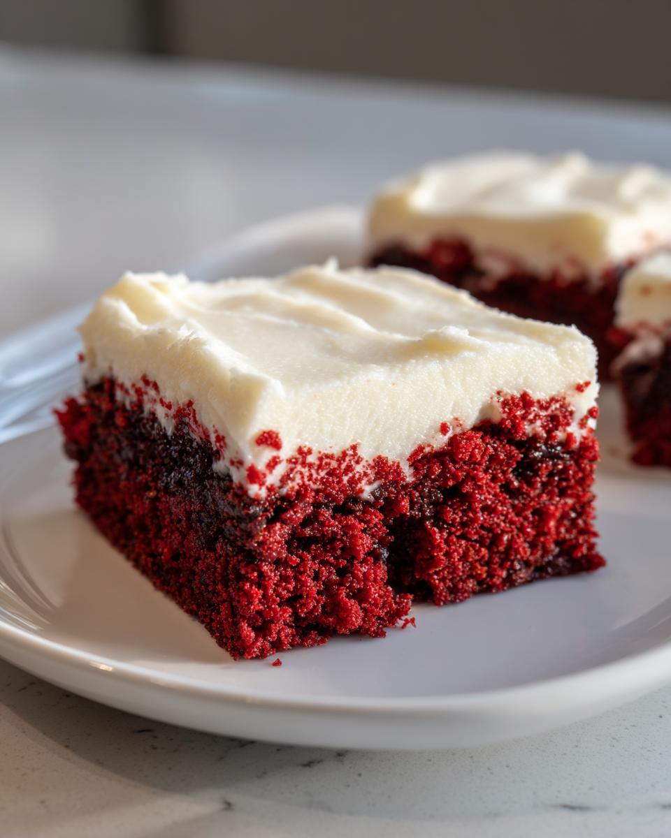 Close-up of a fudgy red velvet brownies square topped with thick cream cheese frosting.