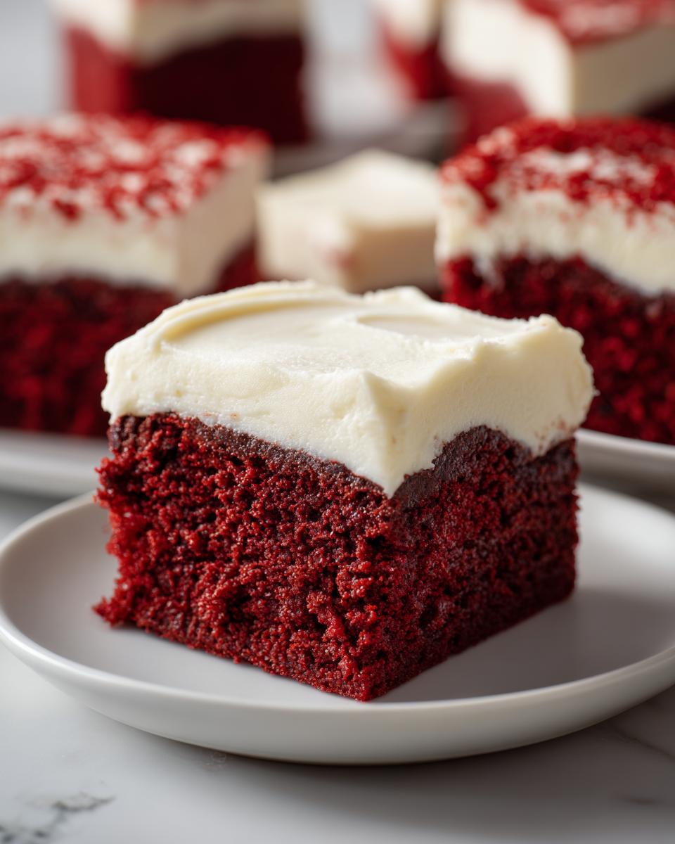 Close-up of a fudgy red velvet brownies square topped with thick cream cheese frosting.