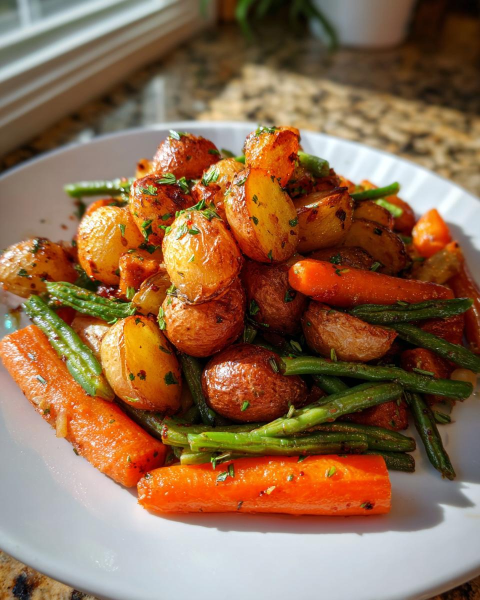 A bright plate of Garlic Herb Roasted Veggies including golden potatoes, bright carrots, and green beans, sprinkled with herbs.