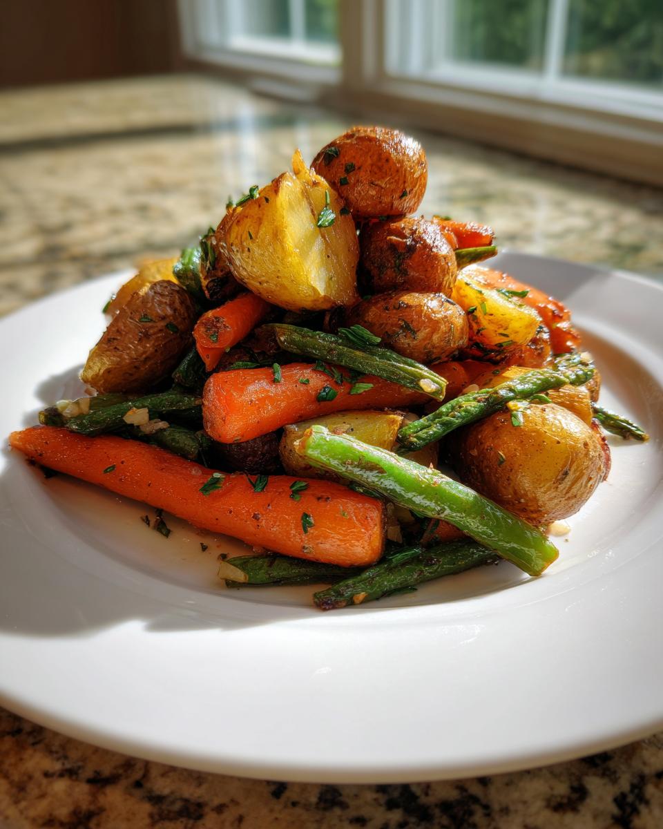 A serving of golden brown potatoes, bright orange carrots, and green beans, seasoned as Garlic Herb Roasted Veggies, piled on a white plate.