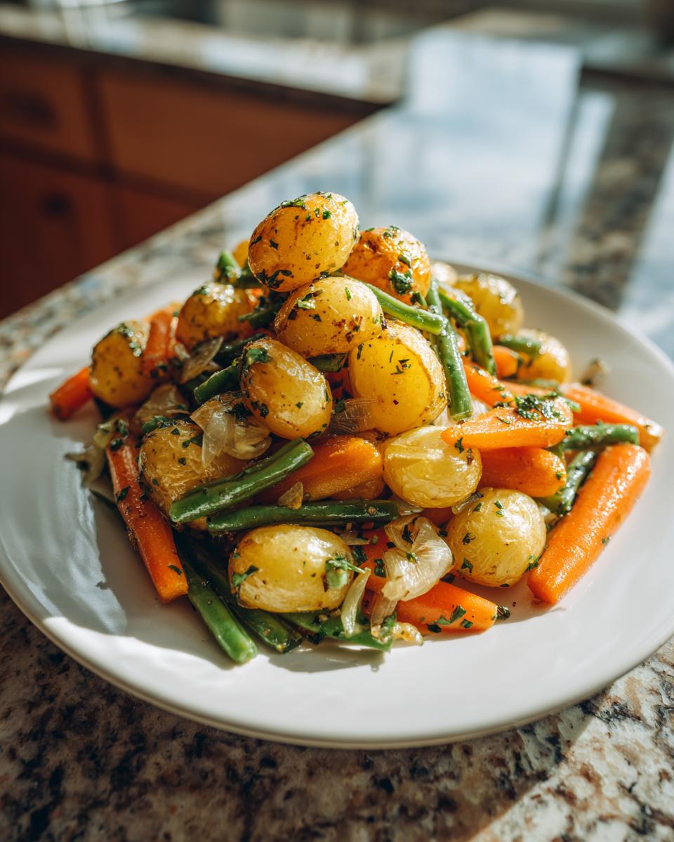 A vibrant plate of Garlic Herb Roasted Veggies featuring small roasted potatoes, carrots, and green beans.