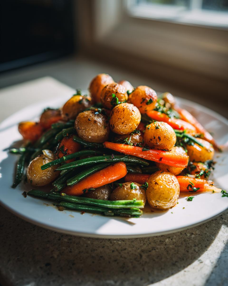A white plate piled high with Garlic Herb Roasted Veggies, including small golden potatoes, bright orange carrots, and green beans.