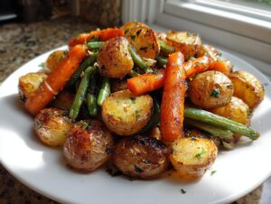 A close-up of perfectly roasted Garlic Herb Roasted Veggies featuring golden potatoes, bright carrots, and green beans on a white plate.