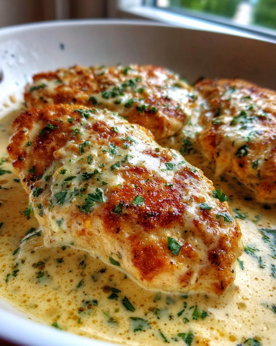 Three golden-brown chicken breasts covered in creamy garlic parmesan sauce and fresh parsley.