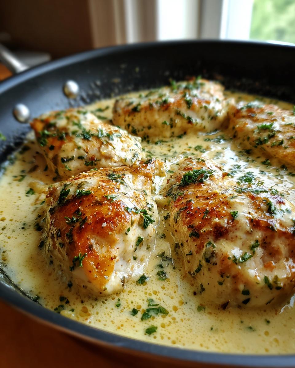 Close-up of golden-brown garlic parmesan chicken breasts simmering in a rich, creamy sauce topped with parsley.