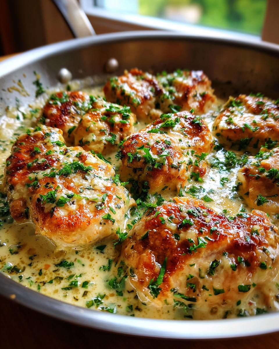 Close-up of golden brown garlic parmesan chicken pieces simmering in a rich, creamy sauce topped with fresh parsley.