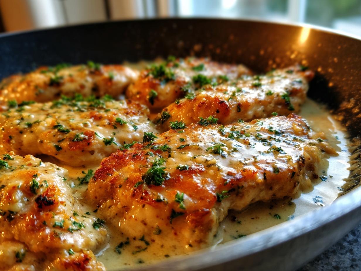 Close-up of golden-brown garlic parmesan chicken breasts simmering in a creamy sauce and topped with fresh parsley.