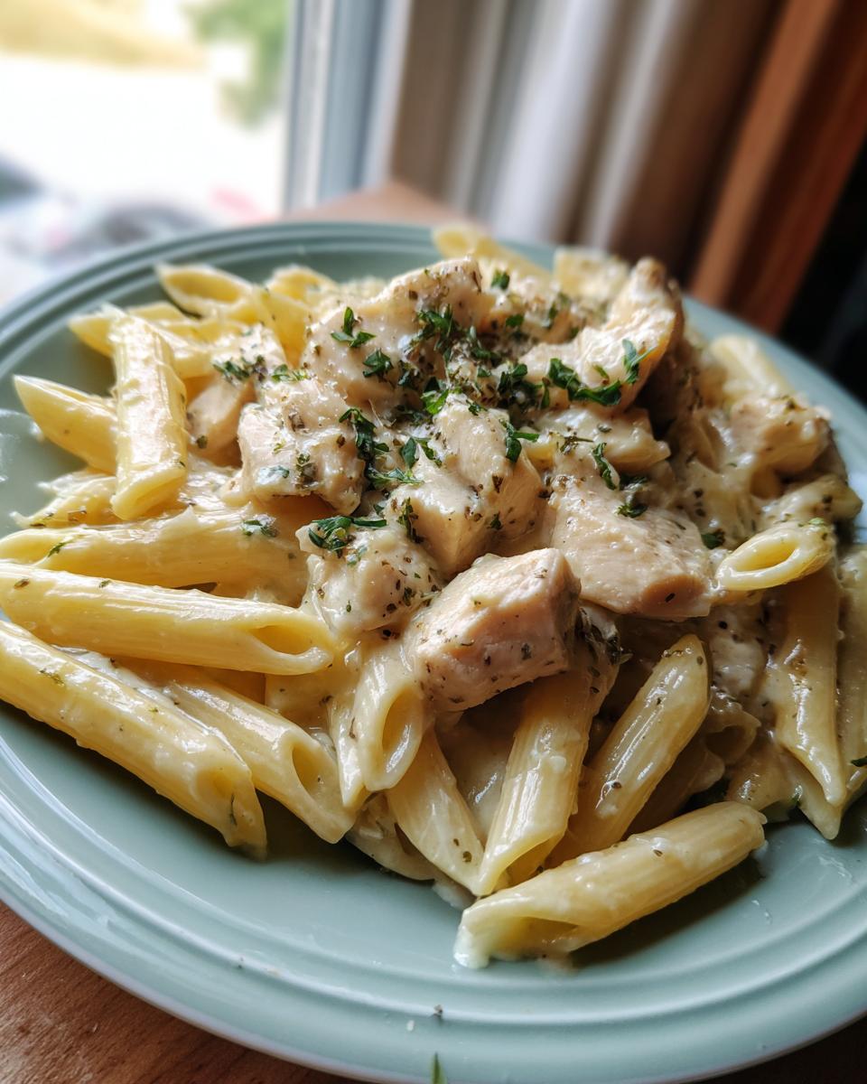 Close-up of creamy garlic parmesan chicken pasta made with penne, topped with herbs.