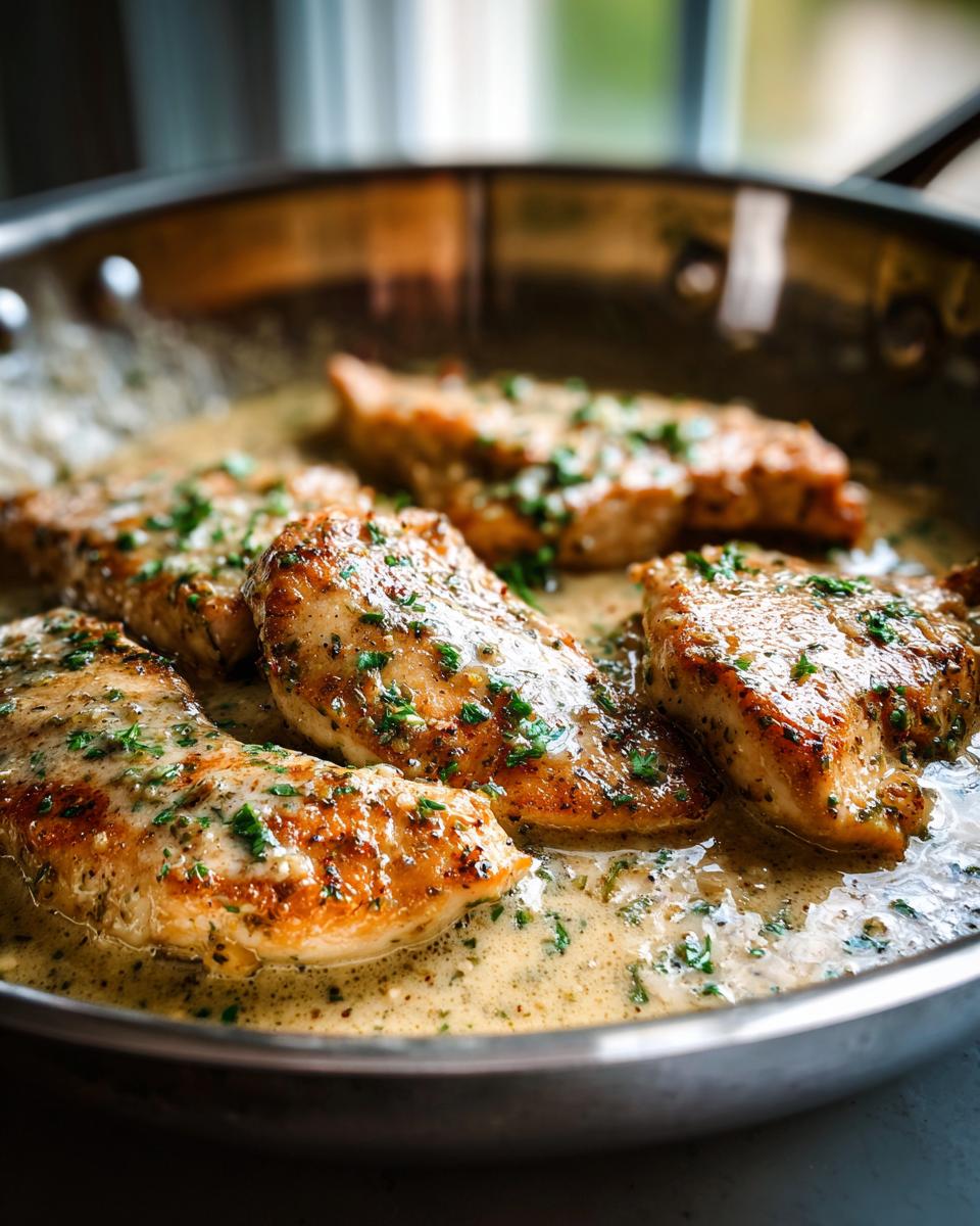 Close-up of seared garlic parmesan chicken breasts simmering in a rich, creamy sauce topped with fresh parsley.