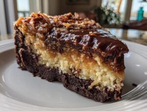 A decadent slice of german chocolate cheesecake featuring a dark chocolate crust, coconut layer, and glossy chocolate topping.