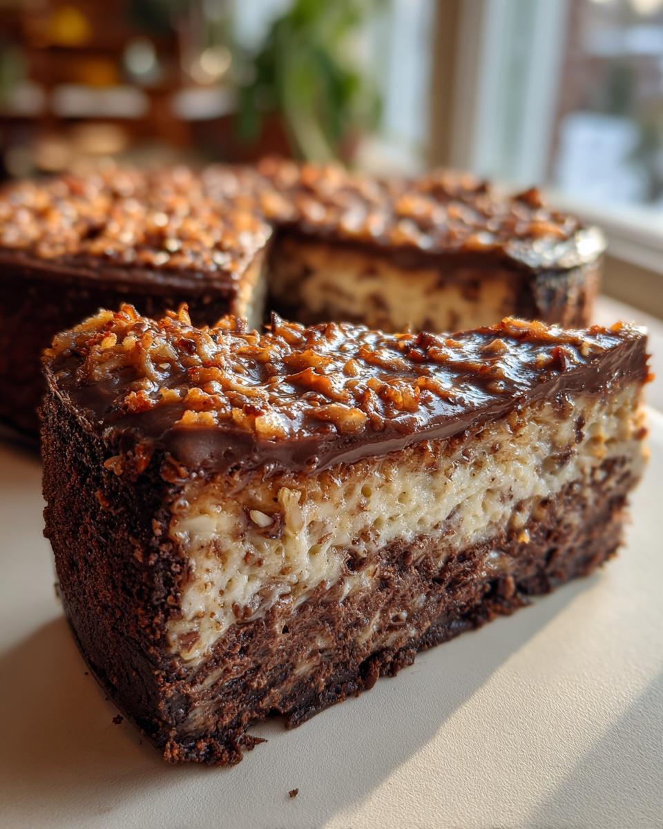 A close-up slice of german chocolate cheesecake showing chocolate crust, creamy filling, and pecan coconut topping.