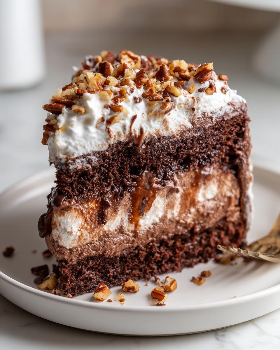 A moist slice of German chocolate poke cake layered with filling and topped with whipped cream and chopped pecans.