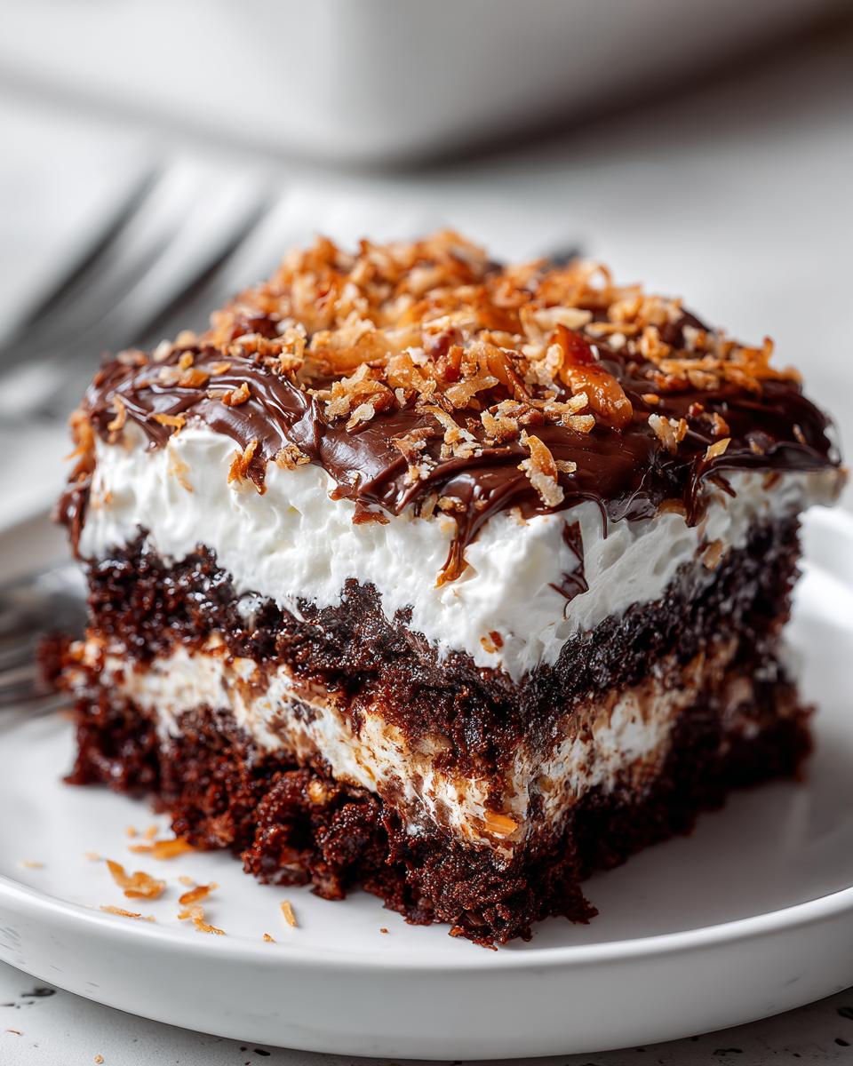 Close-up of a rich slice of german chocolate poke cake showing layers of moist chocolate cake, cream, and toasted coconut topping.
