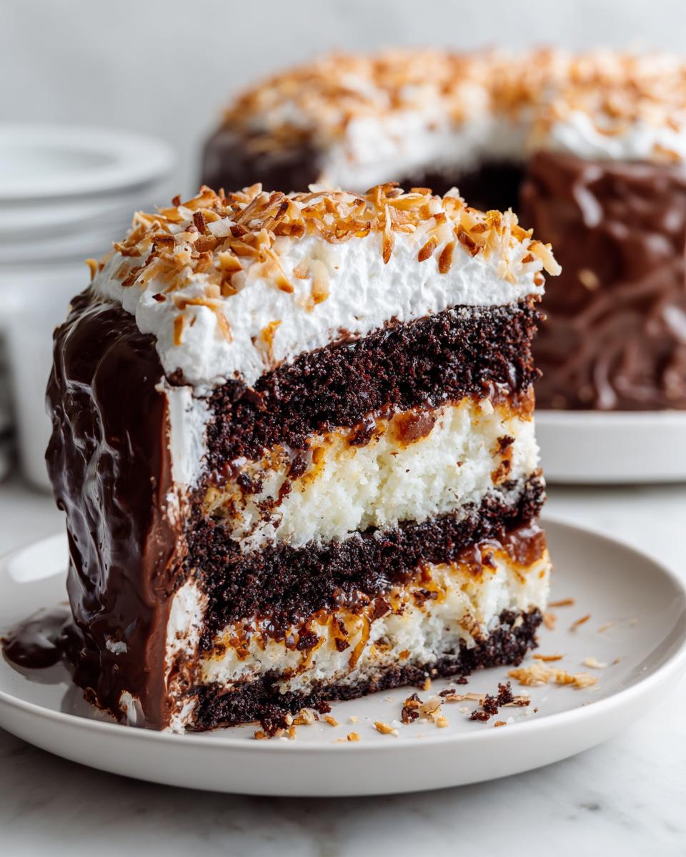 Close-up of a moist slice of german chocolate poke cake with layers of dark chocolate cake and coconut filling.