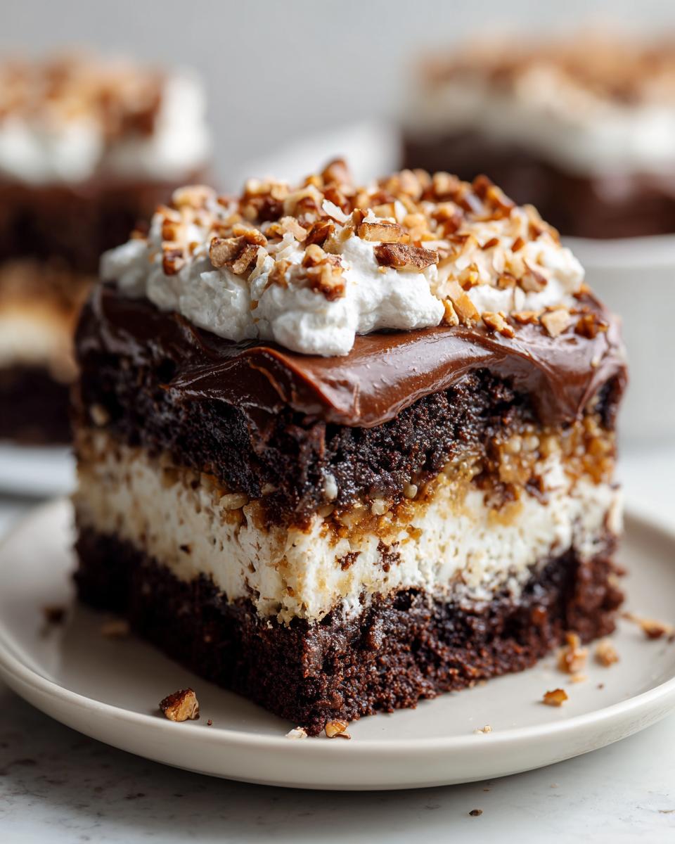 Close-up of a layered slice of german chocolate poke cake with cream, frosting, and pecans.