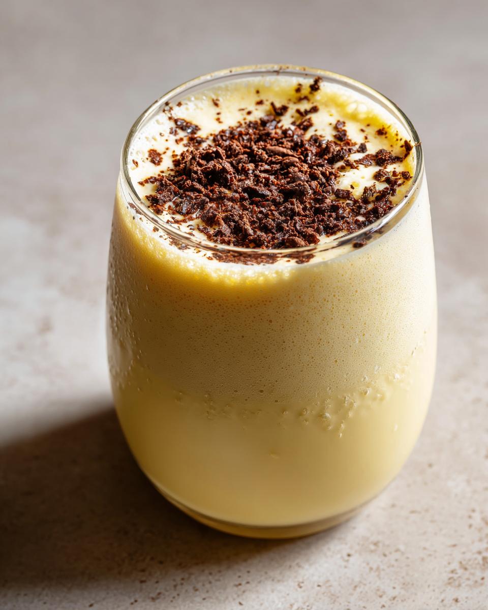 A creamy glass of homemade eggnog topped generously with dark chocolate shavings.