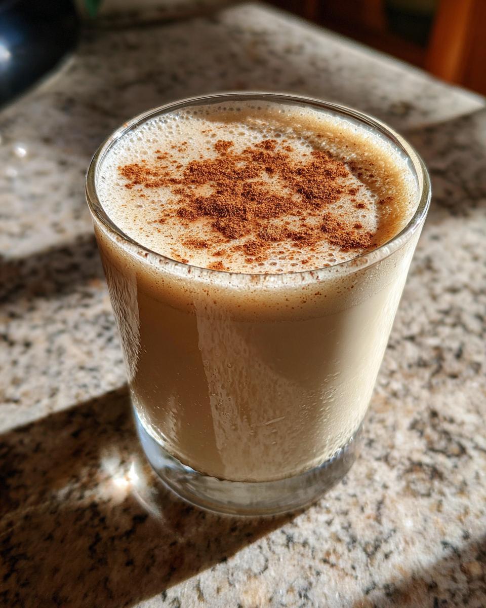 A glass of creamy, frothy coquito topped generously with ground cinnamon spice.