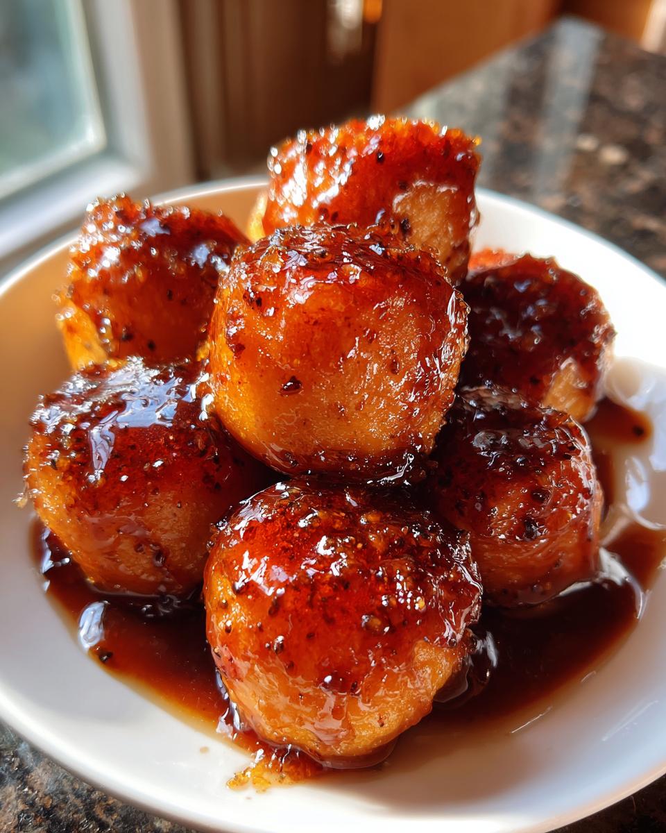 Close-up of perfectly glazed, round candied sweet potatoes covered in a rich, dark syrup.