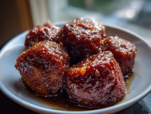 Close-up of several shiny, dark brown candied sweet potatoes glistening in a thick glaze on a white dish.