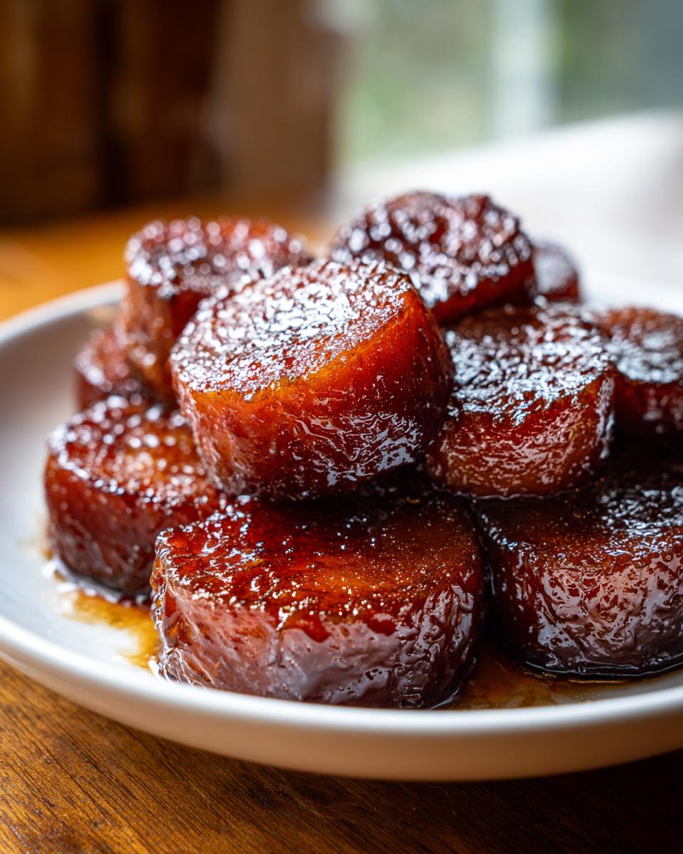 A close-up of several glossy, thick slices of candied sweet potatoes piled on a white plate.