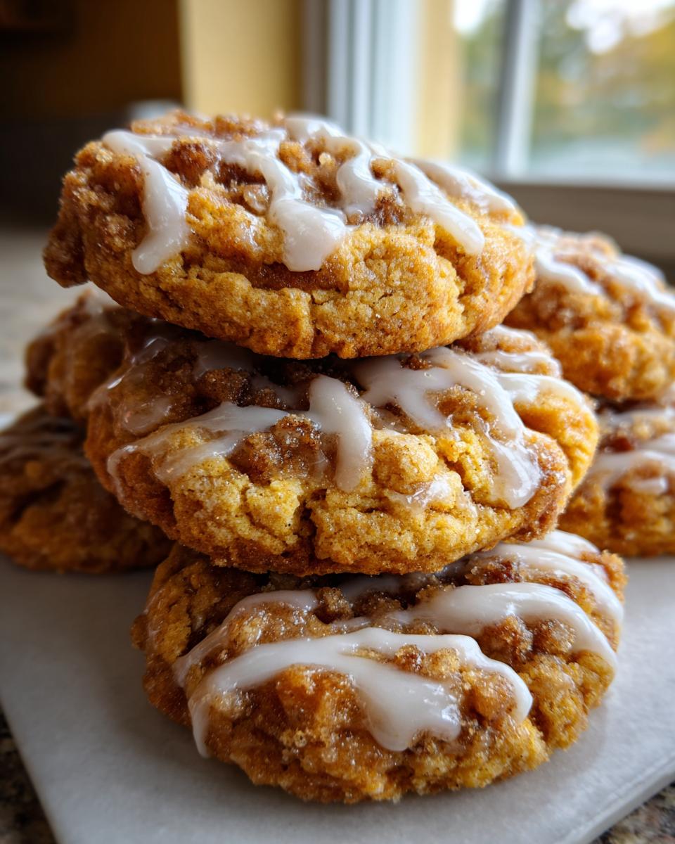 A close-up stack of soft coffee cake cookies featuring a cinnamon streusel swirl and drizzled with white vanilla glaze.