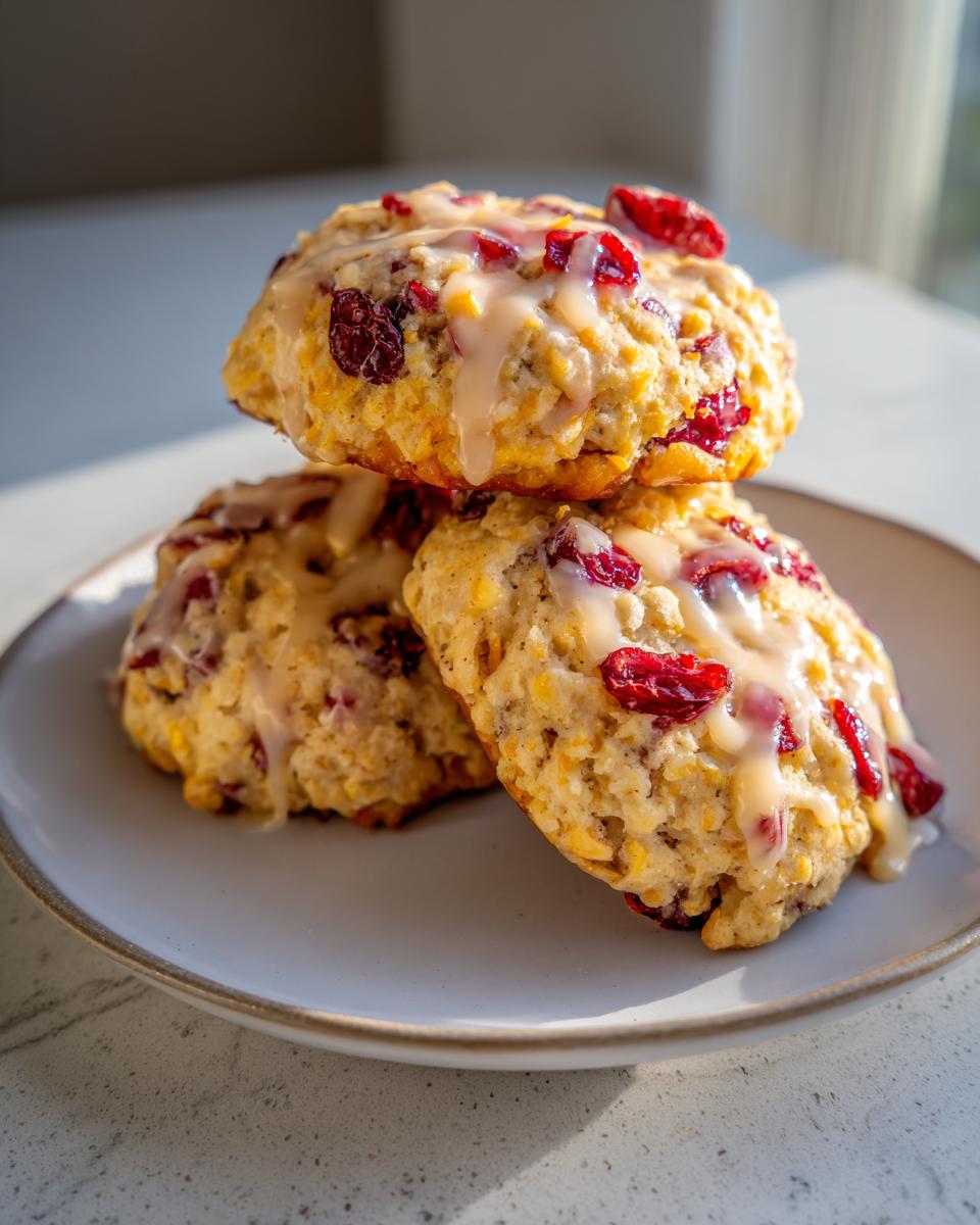 Three delicious cranberry orange cookies stacked on a light blue plate, drizzled with a sweet glaze.
